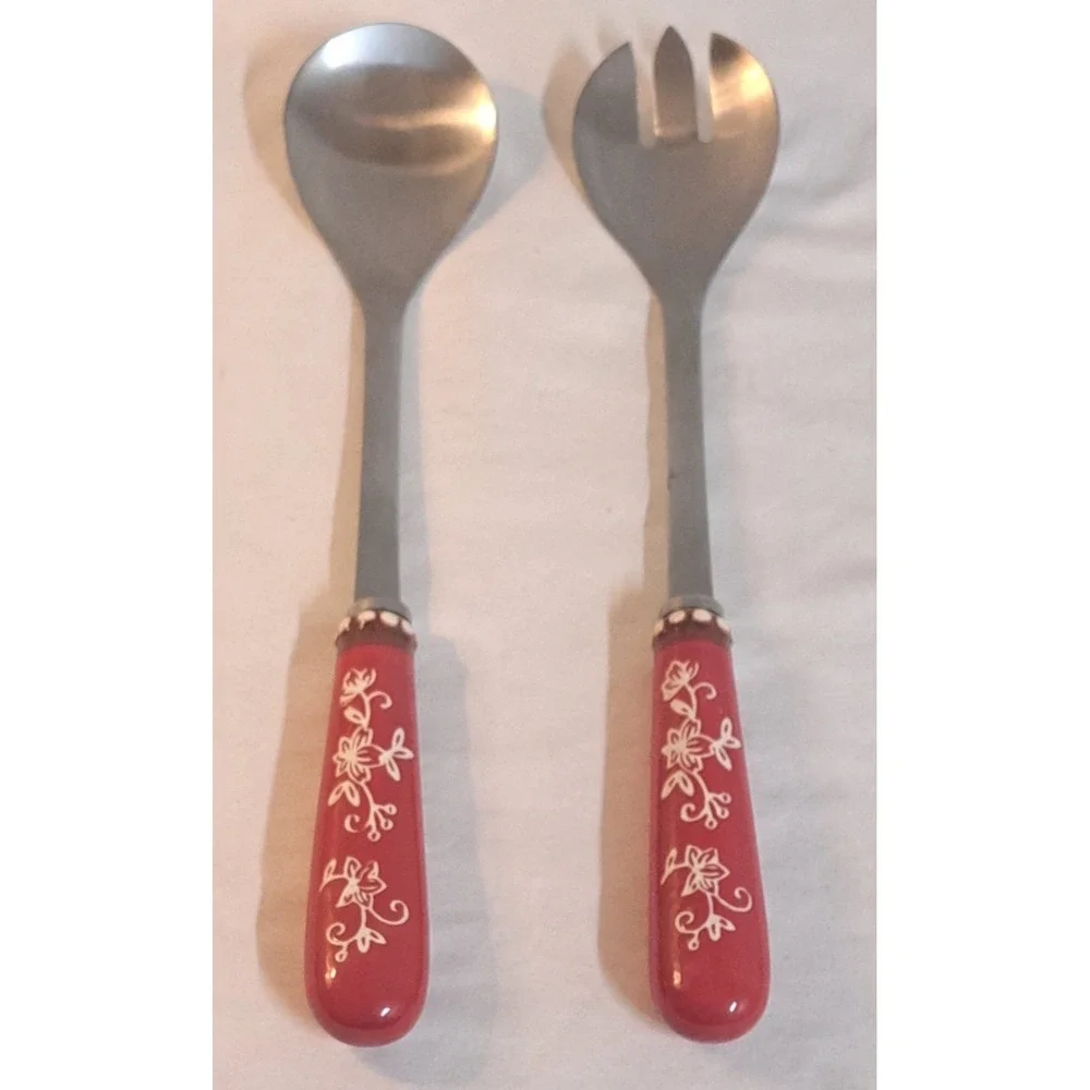 Temp-tations by Tara Floral Lace Cranberry Salad Serving Set Spoon & Fork...